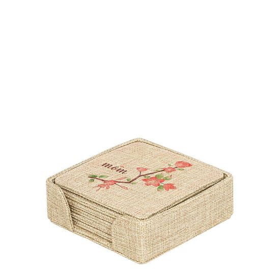 Picture of COASTER (BURLAP) SQUARE (set of 6pcs & Holder) 10x10cm