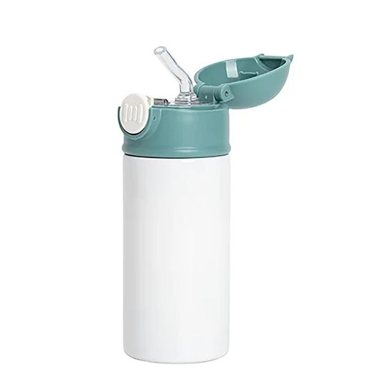 Picture of Kids Bottle (360ml) WHITE with Plastic Straw & GREEN Cap